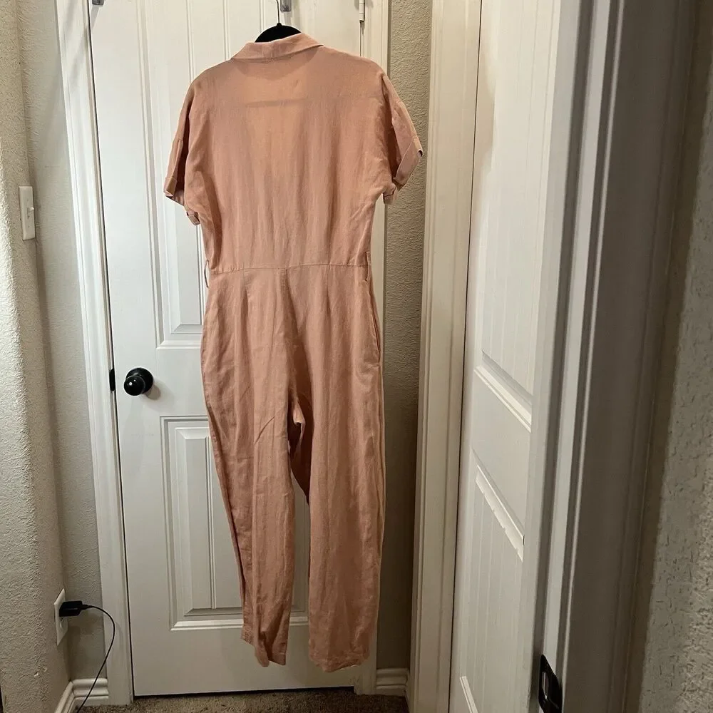 Zara Light Pink Linen Blend Collared Snap Button Jumpsuit Jumper Coverall Size M
